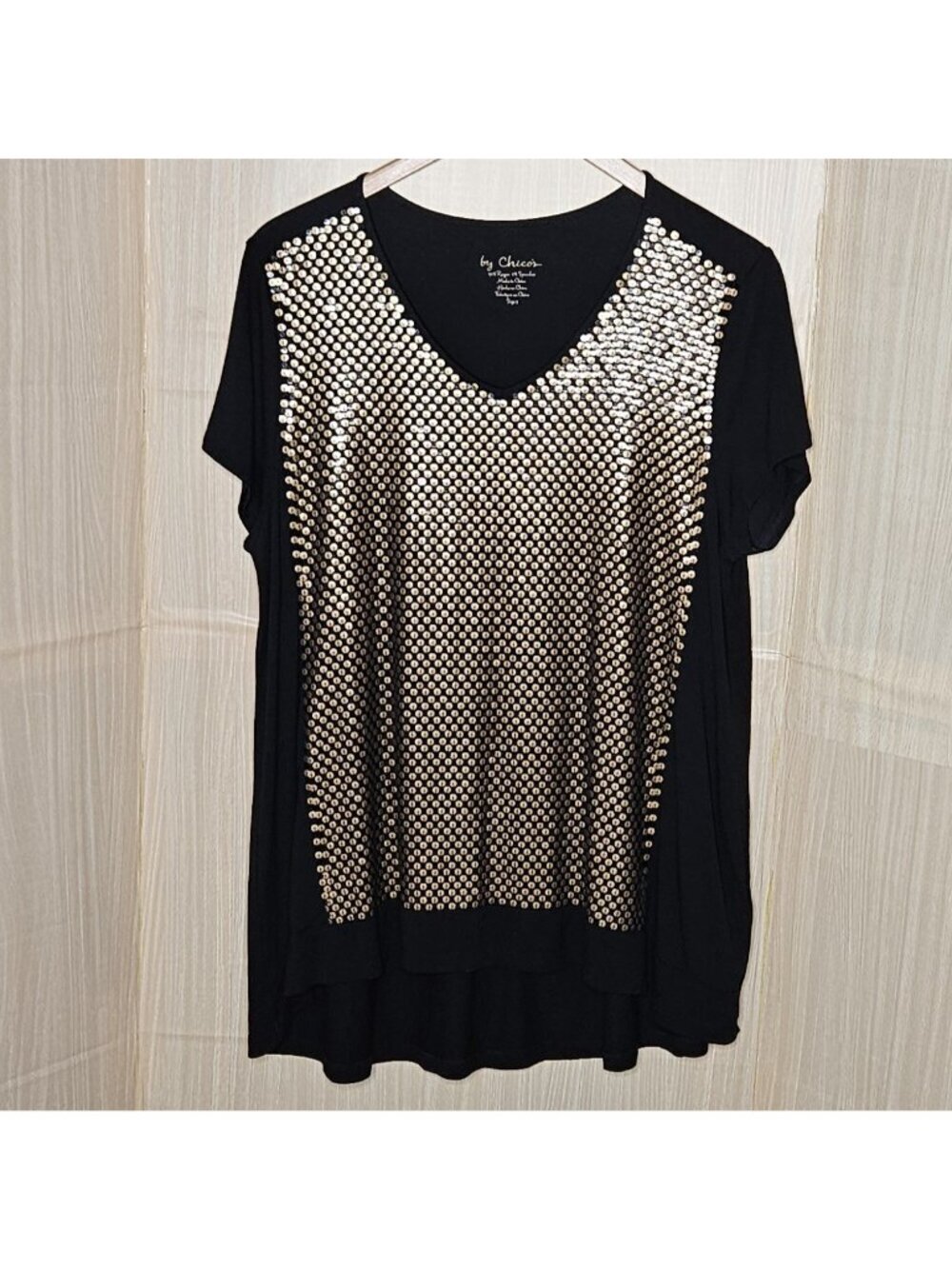 Chico's Womens Black Stretchy Short Sleeve Tunic Gold Sequin Front XL
